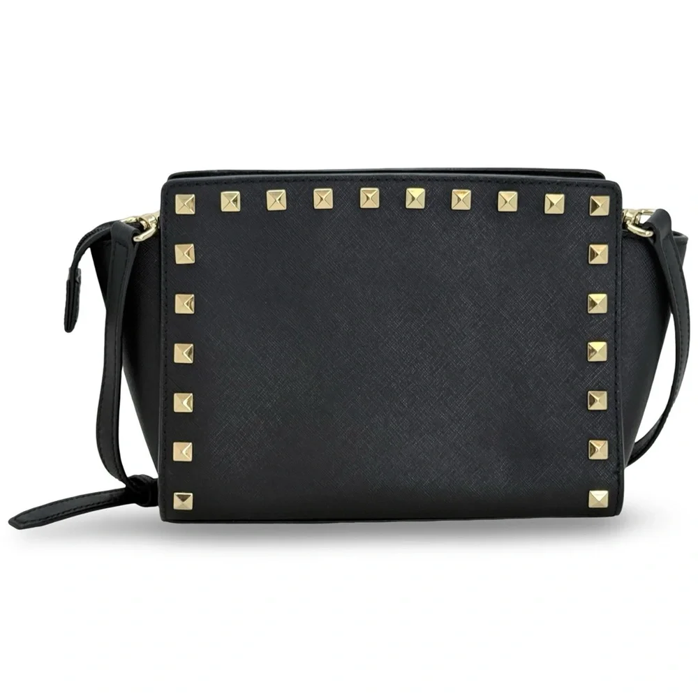 Michael Kors Selma Studded Medium Crossbody Black Saffiano Leather Gold Stud - Picture 2 of 14